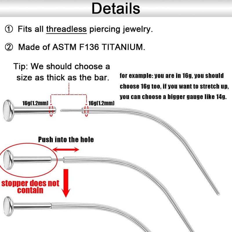 PunkTracker 20g/18g/16g/14g Curved ASTM F136 Titanium Piercing Kit Taper Insertion Pin for Threadless Tragus Helix Lip Nose Helix Piercing Jewelry Cartilage Earrings Labret Studs Nose Stud Stretcher - Image 4